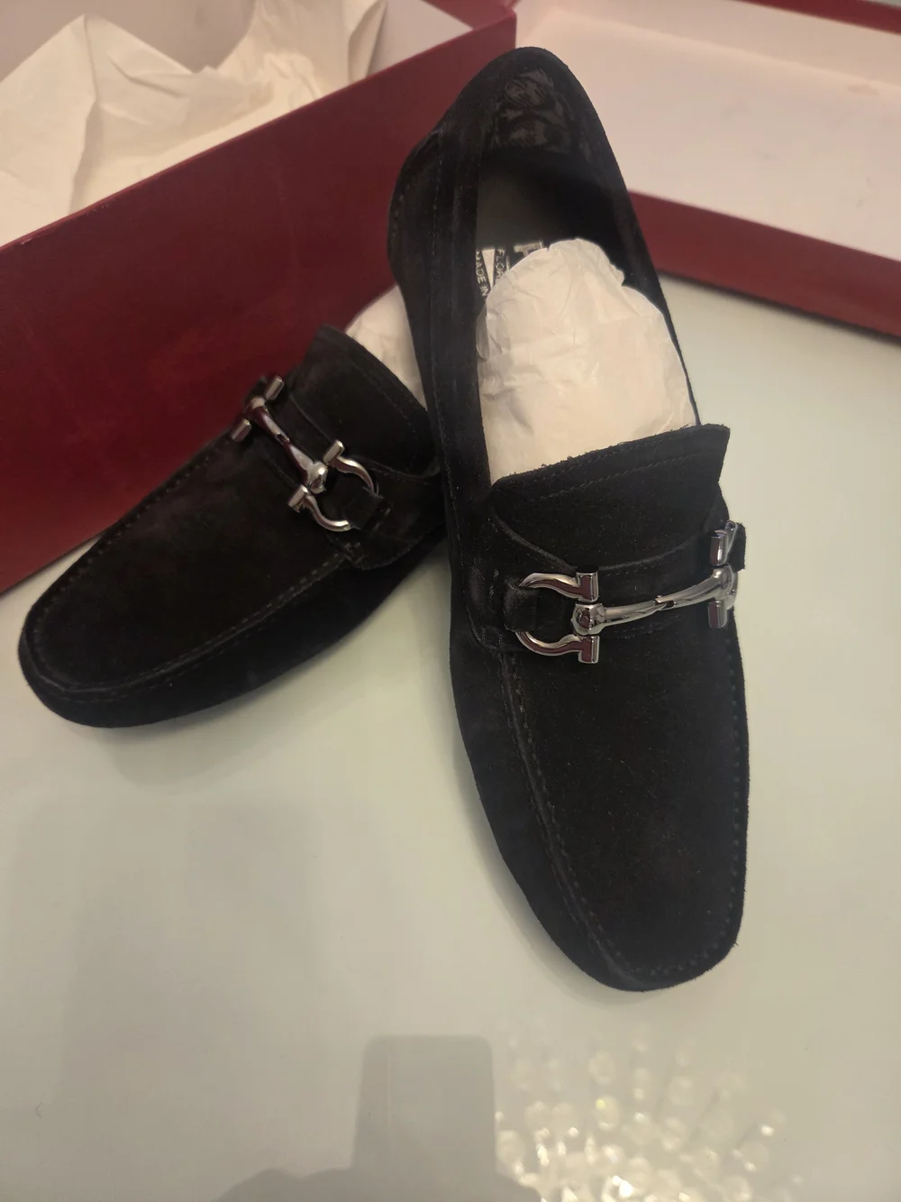 Salvador ferragamo Men's Black Suede Slip-On Loafers Silver Bit Accent